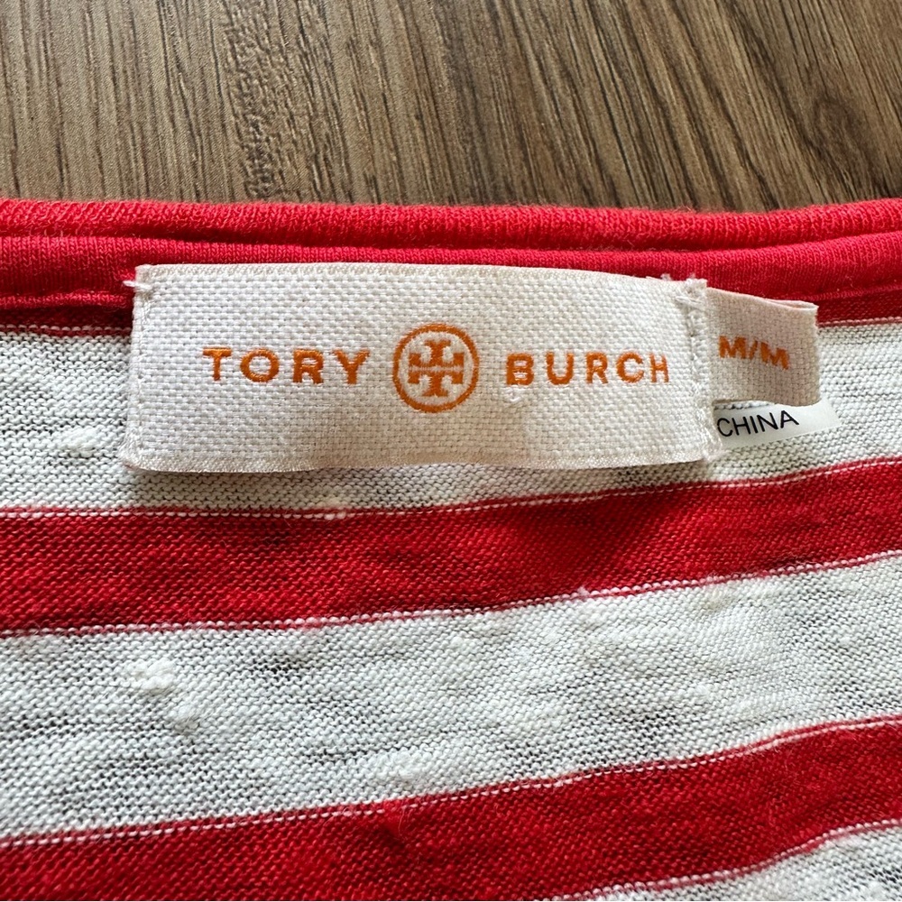 TORY BURCH Womens Linen Striped Top Blouse Medium Eyelet Lace Hem Red Layered - Picture 3 of 7